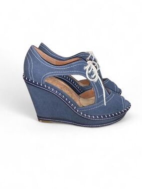Women's Blue Denim Lace-Up Wedge Sandals